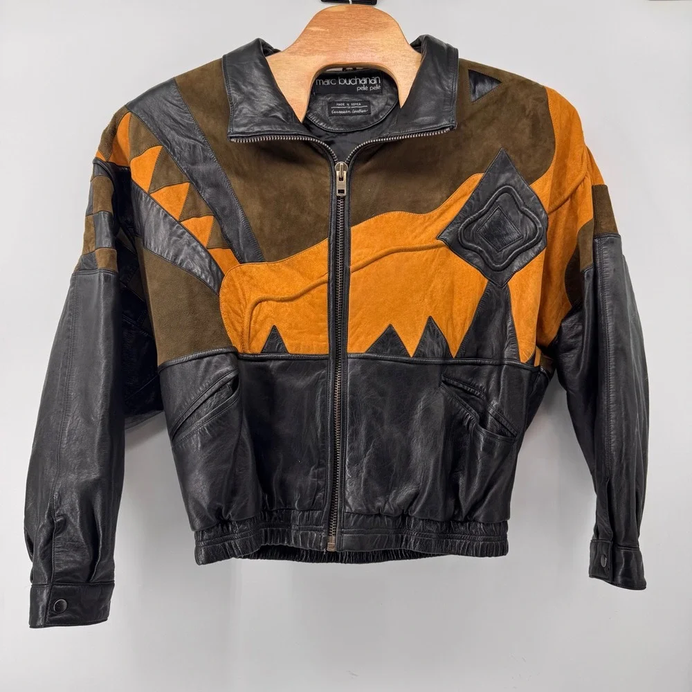 Marc Buchanan Pelle Pelle Jacket Mens 44 Black Brown Leather Suede Patchwork 90s